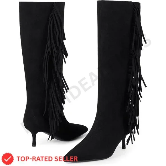 Brand New Modatope Knee High 6 Black Fringe Boots - Picture 4 of 4
